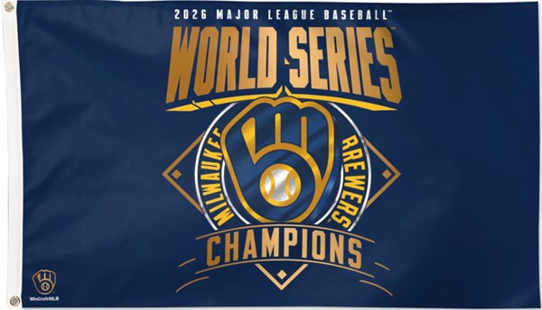 This 2026 Brewers Champions flag is an officially licensed product, printed on polyester with a white heading.